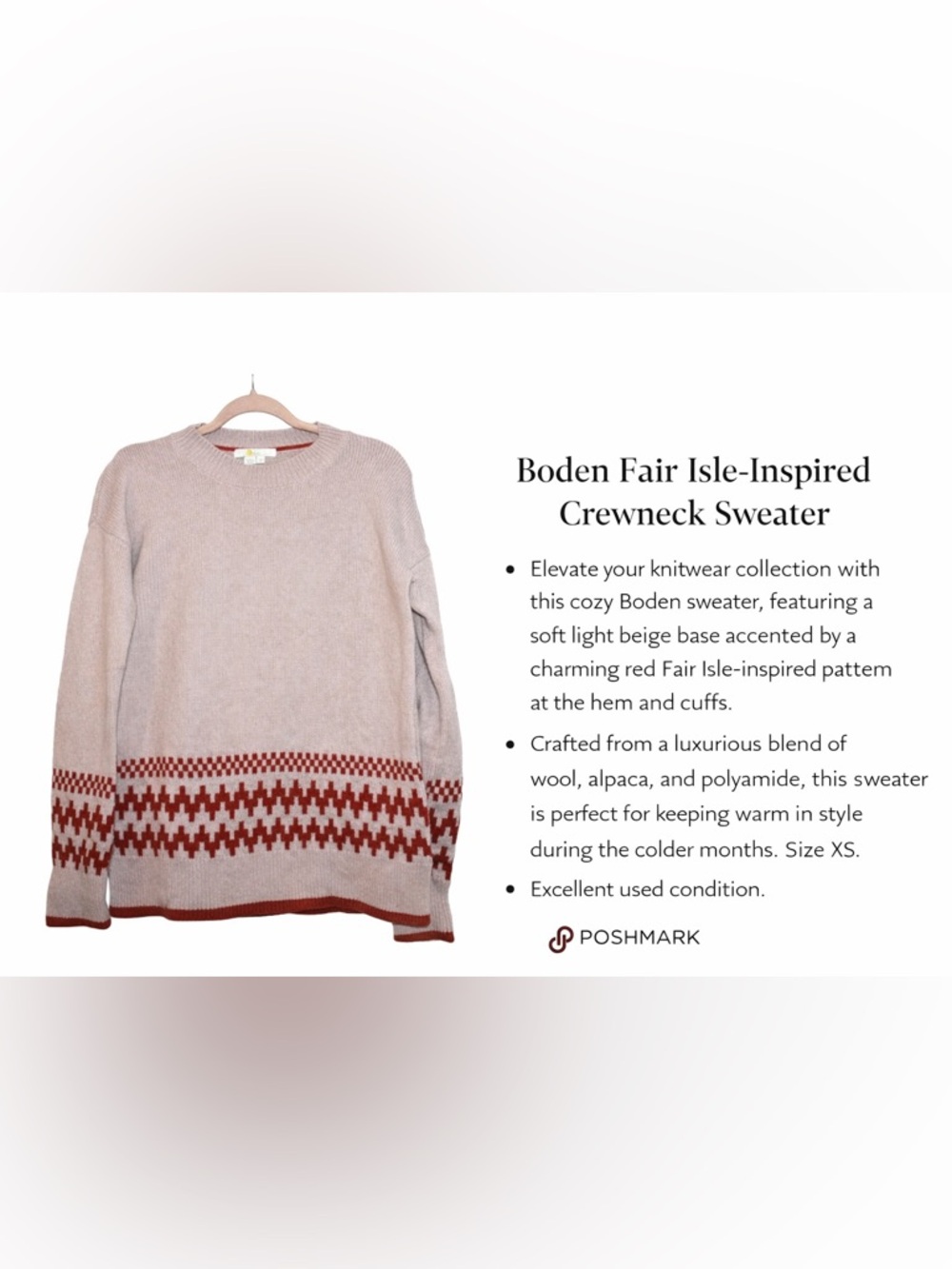 Boden Fair Isle Hem Sweater | XS | Wool‑Blend